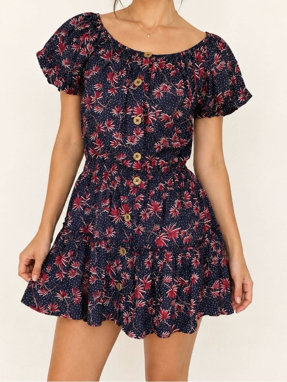 eberjey Navy Floral Puff Sleeve Button Front Mini Dress S